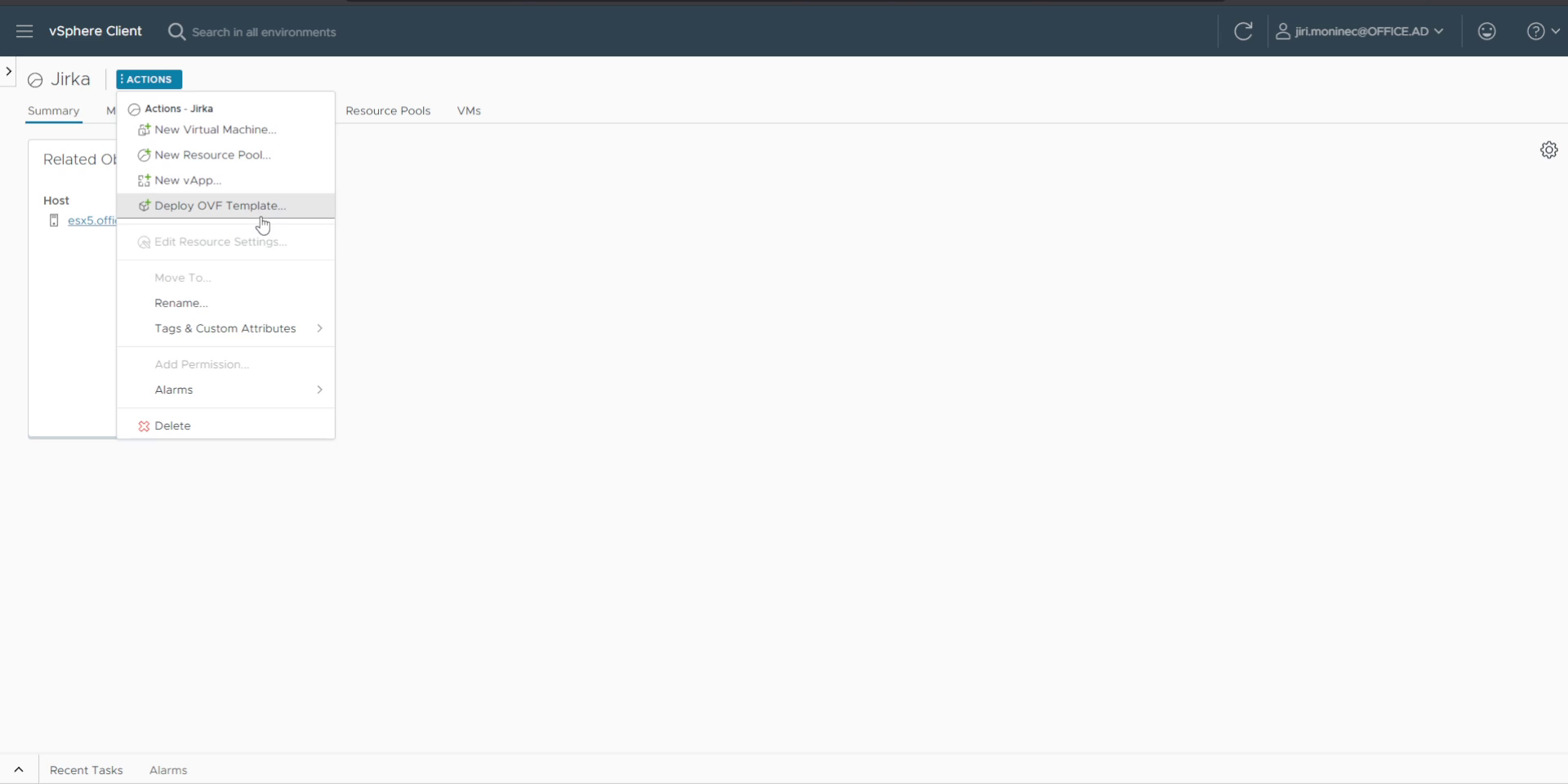 vSphere menu with Deploy OVF Template action