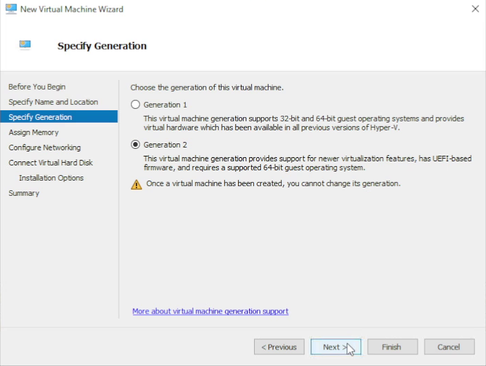Selecting Generation 2 in the Hyper-V wizard