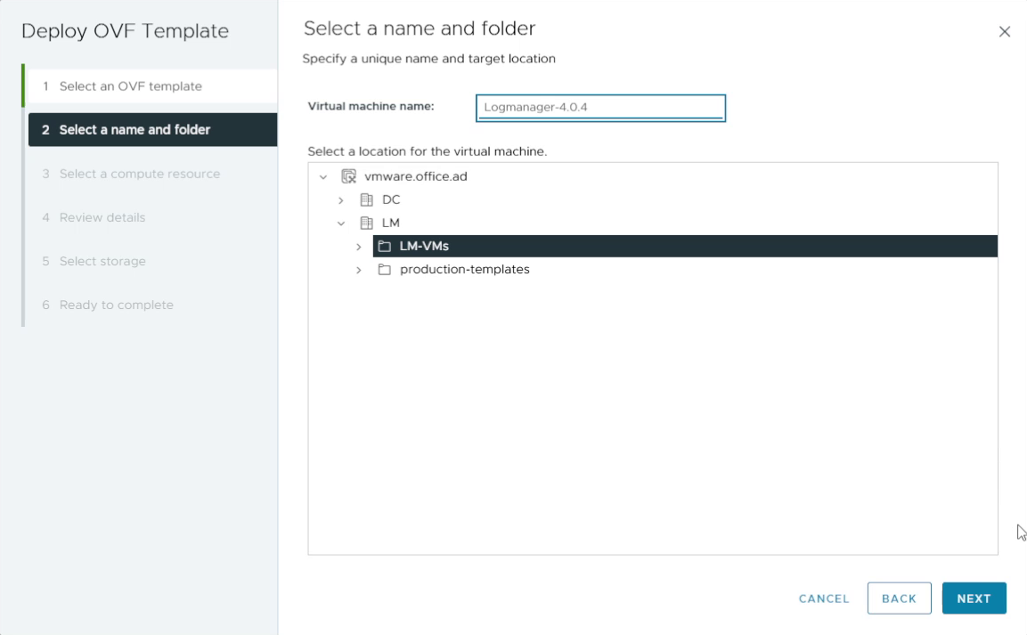 VM name and folder dialog in VMware