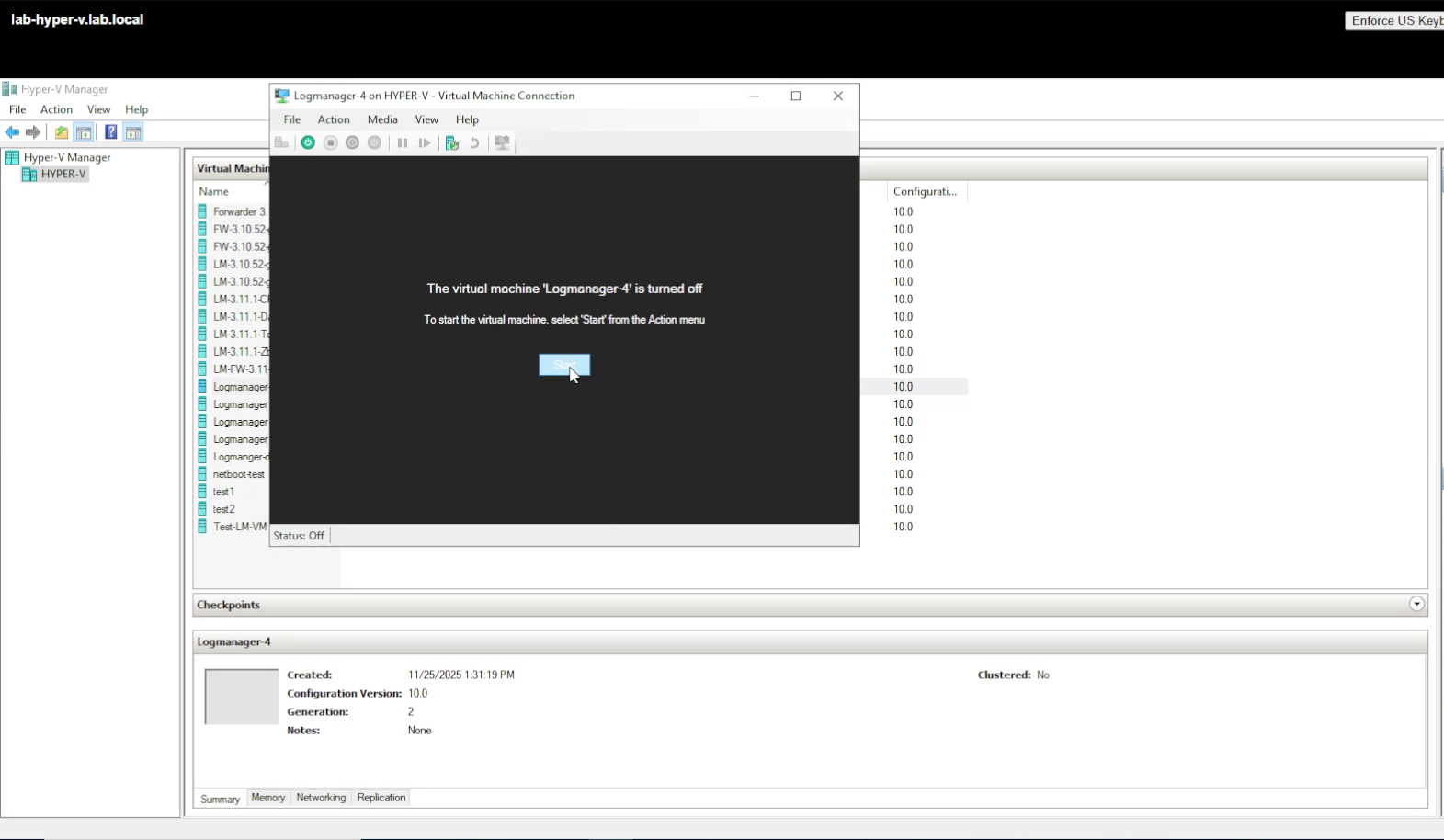 Starting the Virtual Logmanager VM in Hyper-V