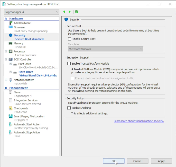 Disabling Secure Boot for the VM