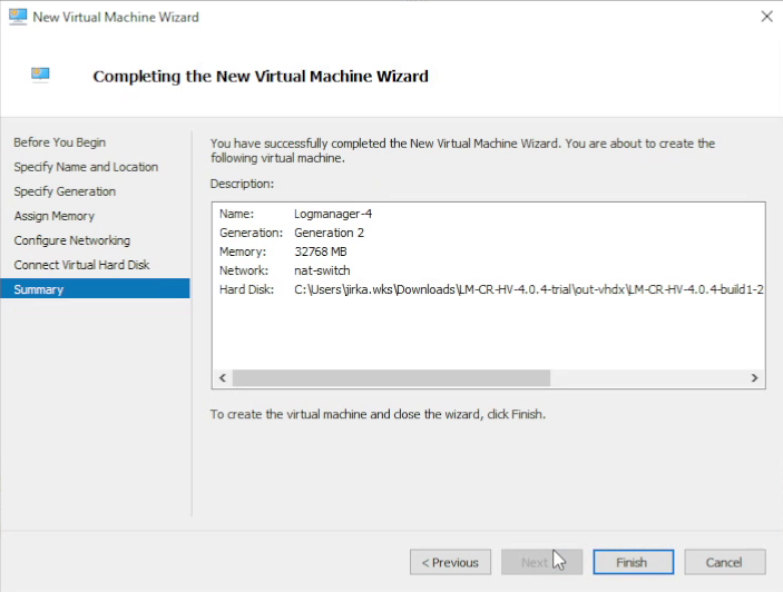 Hyper-V new VM summary screen