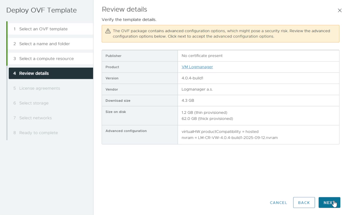 Reviewing OVF template details