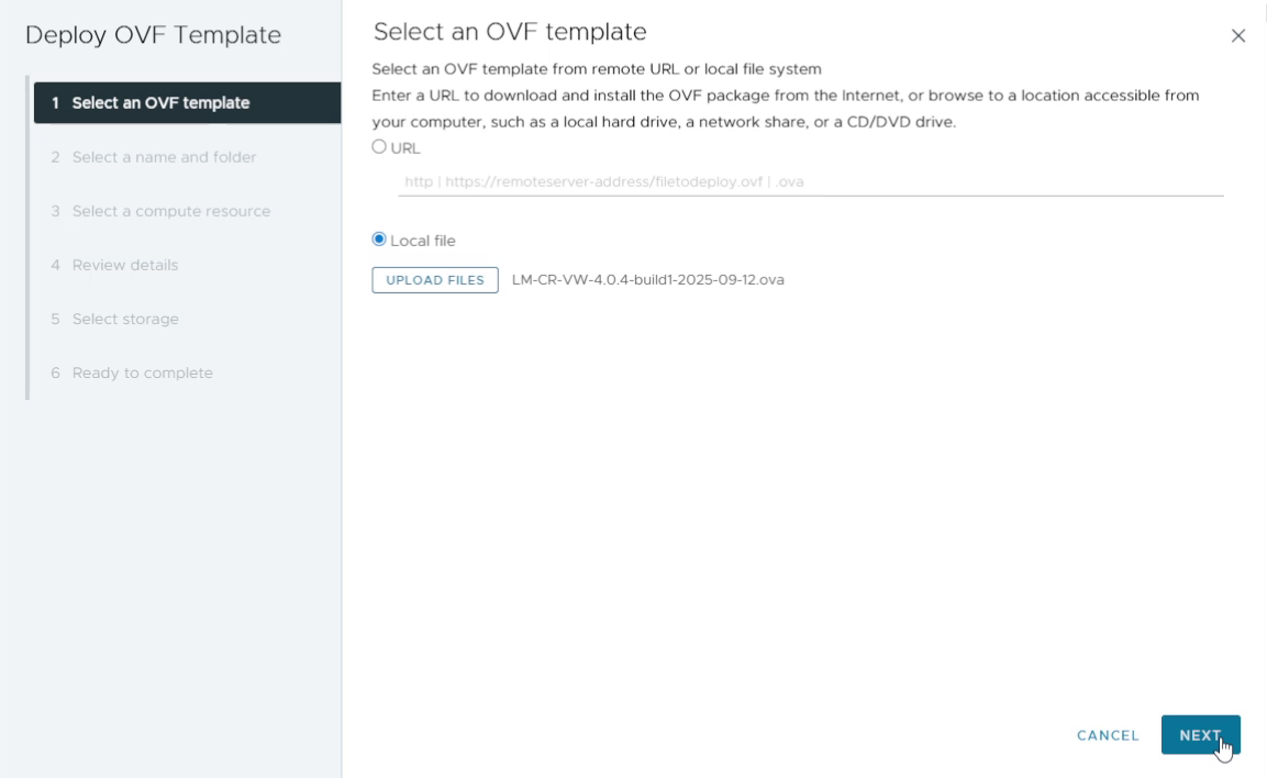 Selecting the Virtual Logmanager OVA file