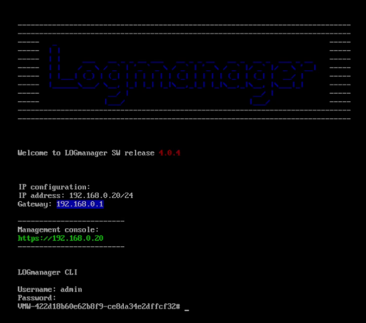 Logmanager CLI showing IP and routing configuration