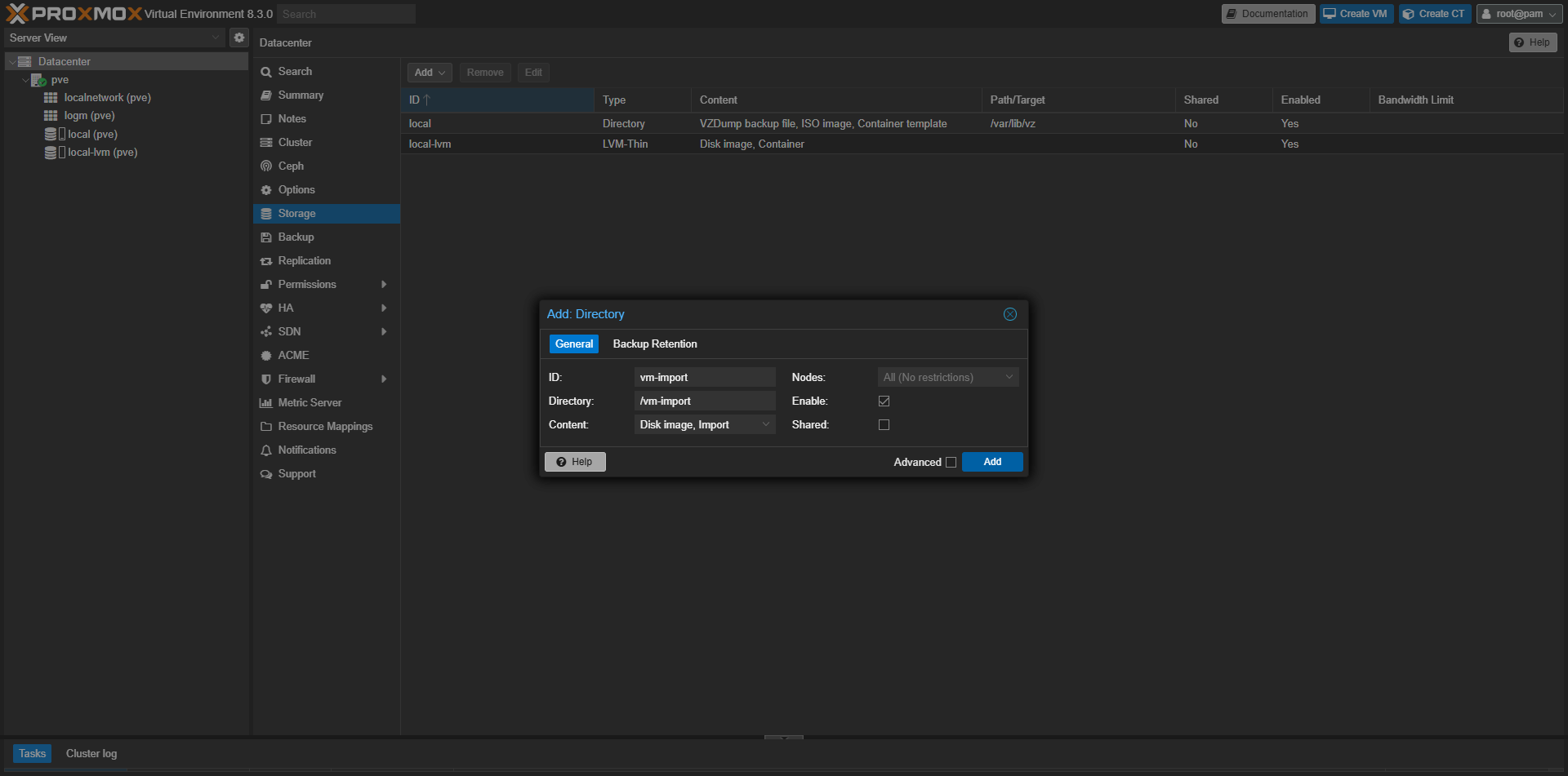 Proxmox VE - přidání úložiště Directory
