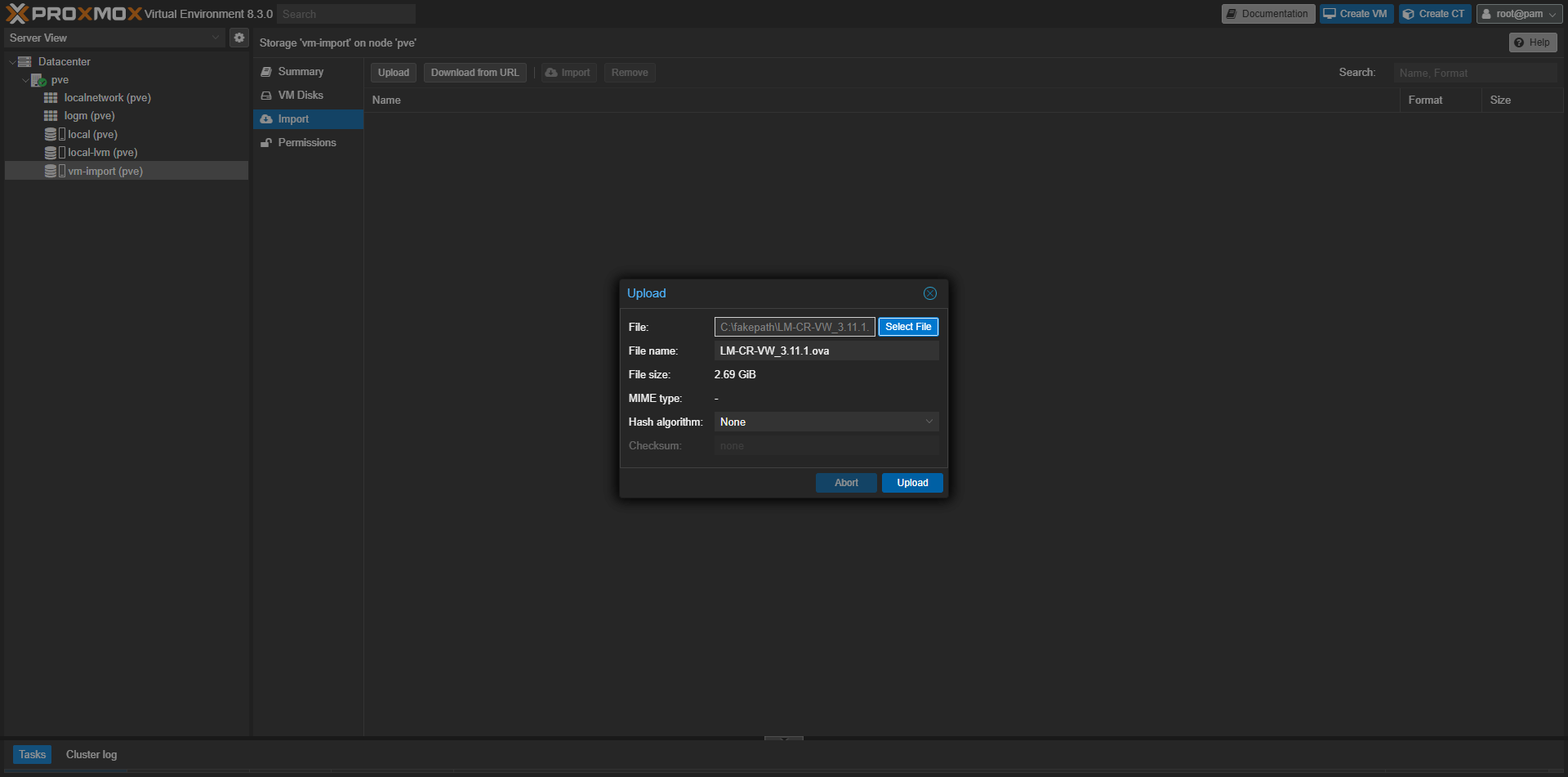 Proxmox VE - nahrání OVA souboru