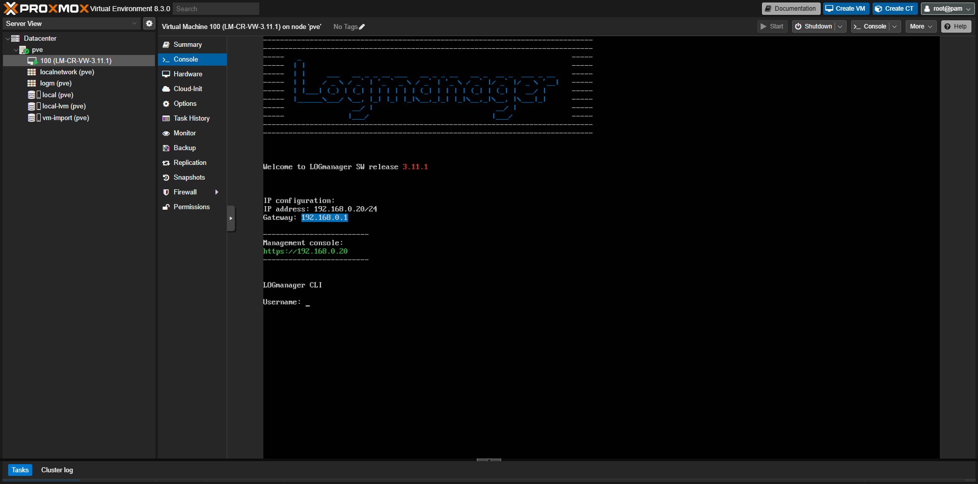 Logmanager nabootovaný v Proxmoxu