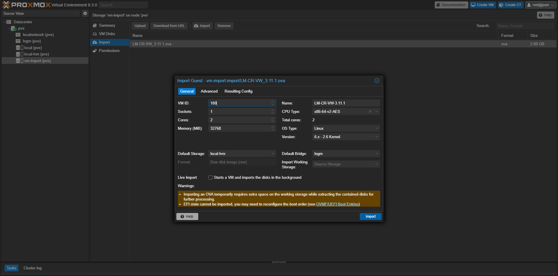 Proxmox VE - spuštění importu