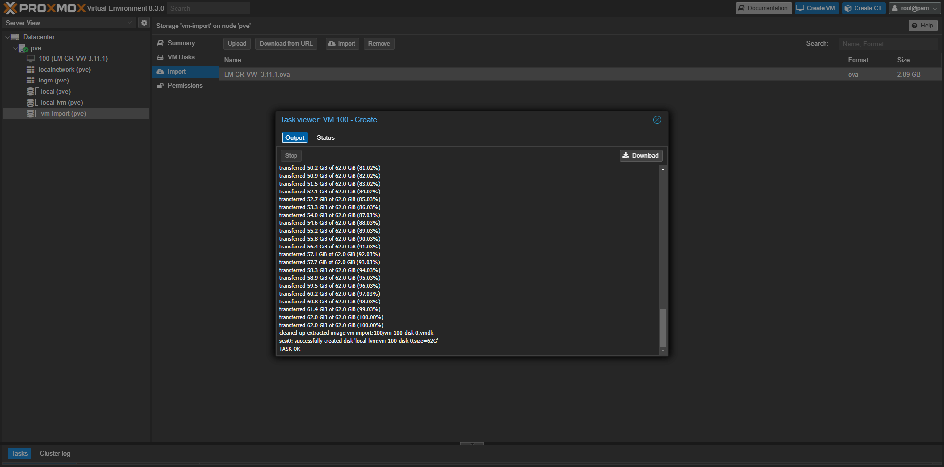 Proxmox VE - log průběhu importu