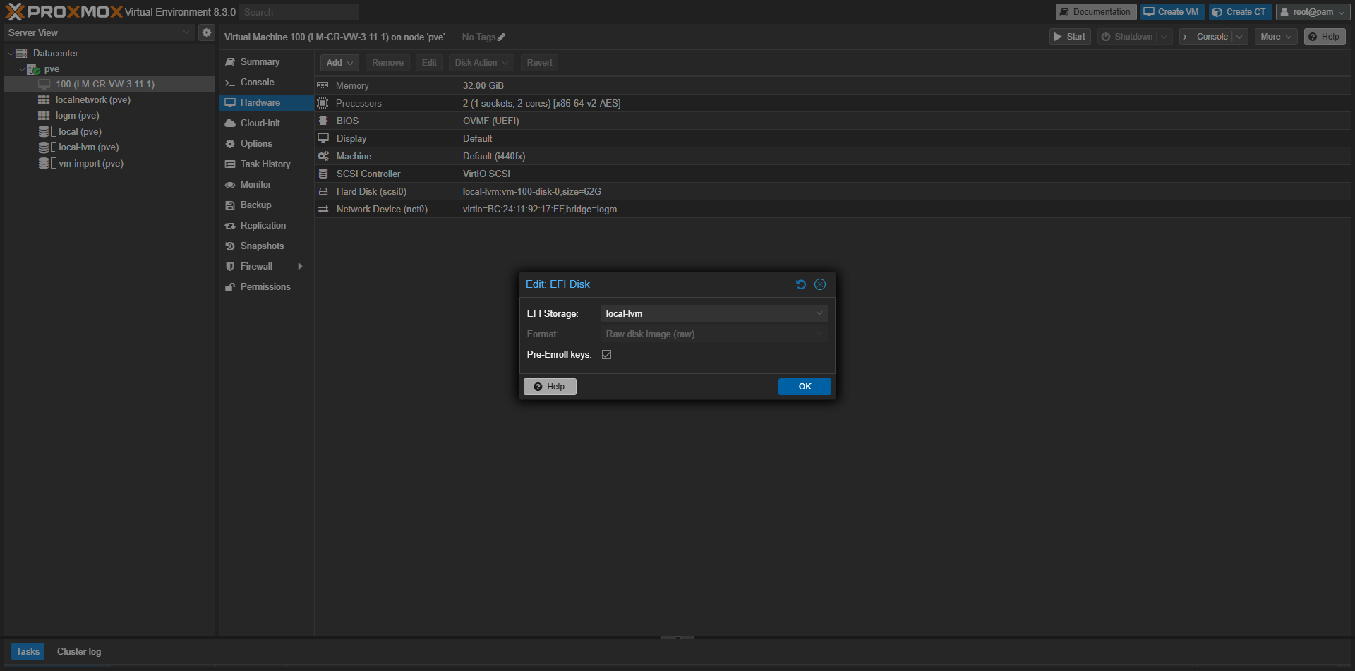 Proxmox VE - přidání EFI disku