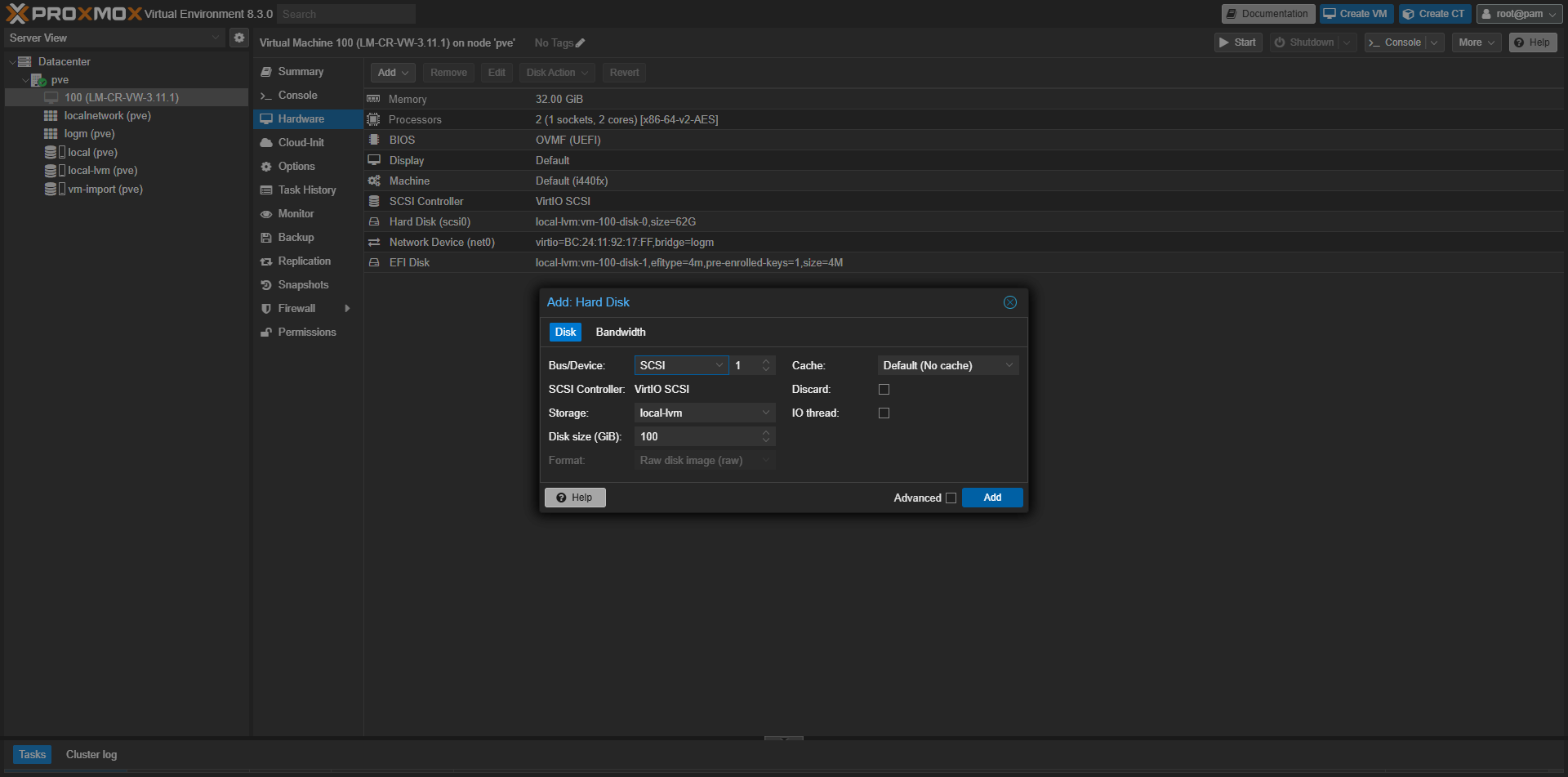Proxmox VE - přidání datového disku