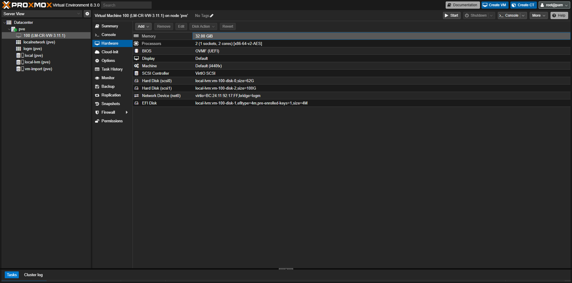 Proxmox VE - přehled hardwaru VM