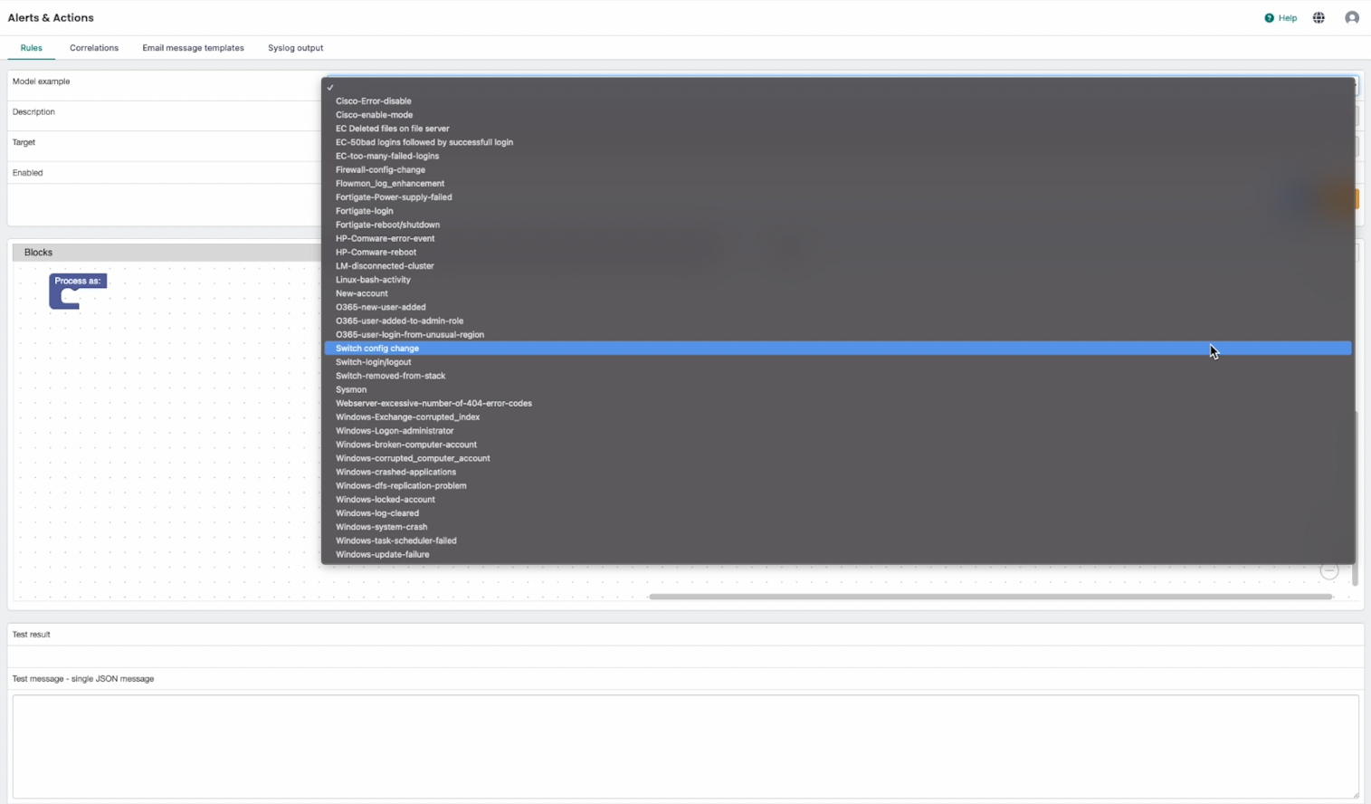 Logmanager alert template selection screen with a similar configuration change template chosen as a base