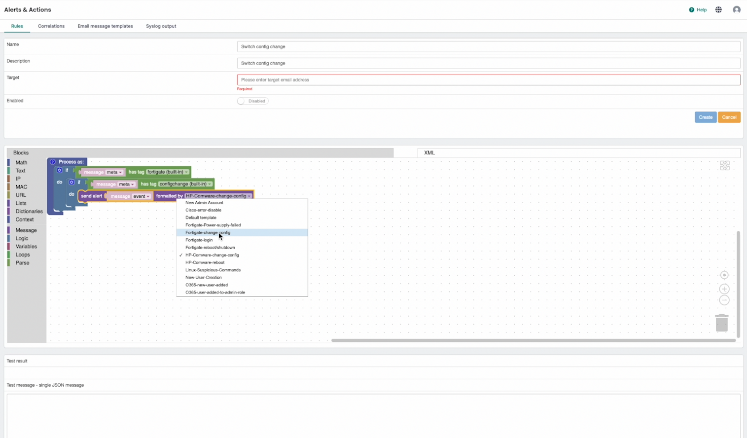 Edited alert filter in Logmanager showing the FortiGate configuration change tag