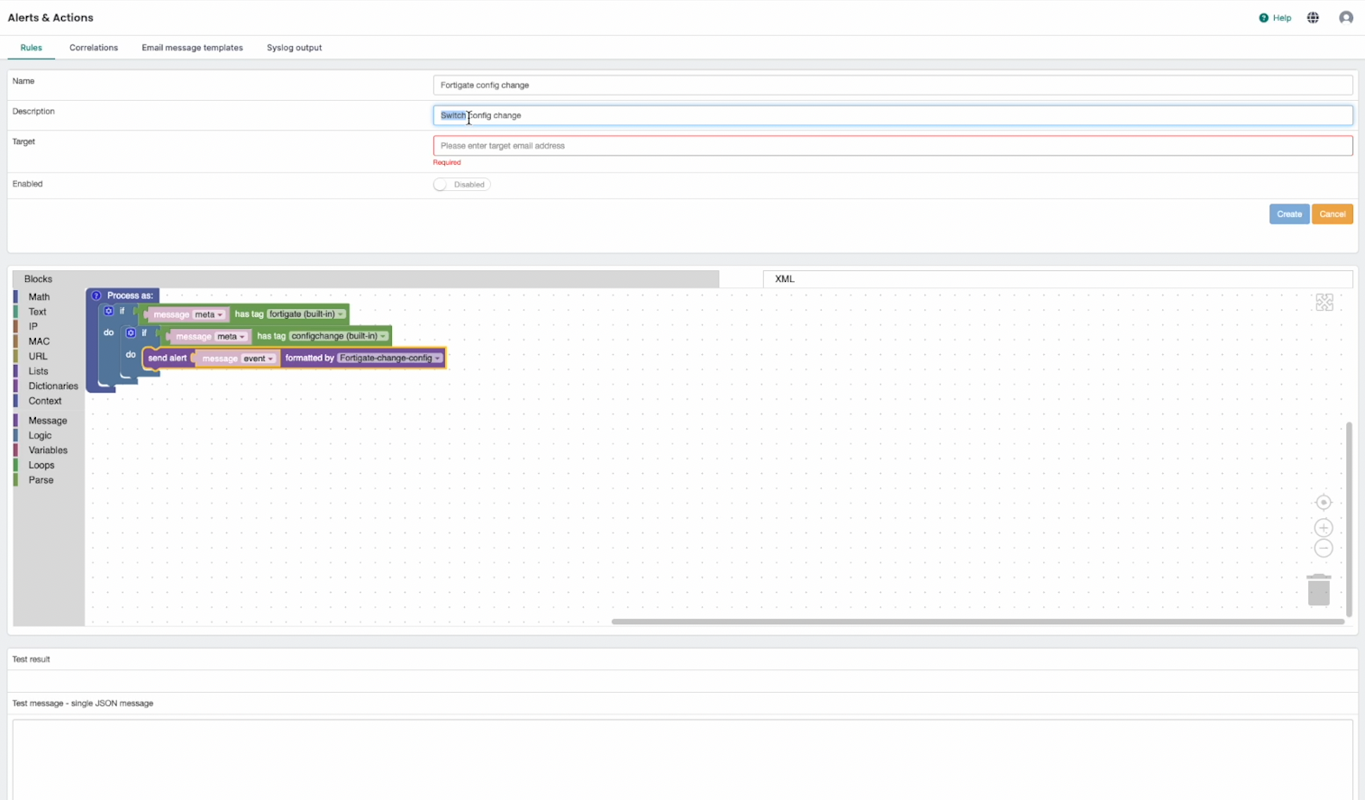 Final FortiGate configuration change alert saved in Logmanager