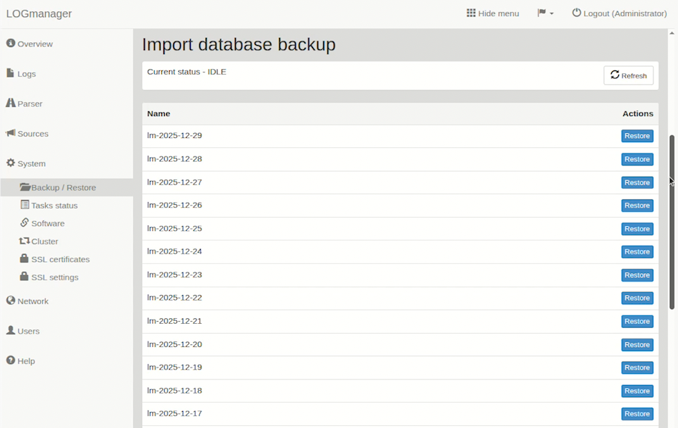 Logmanager backup list showing created daily archives after successful SMB backup setup