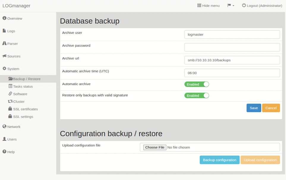 Logmanager Backup and Restore page with SMB backup settings filled in