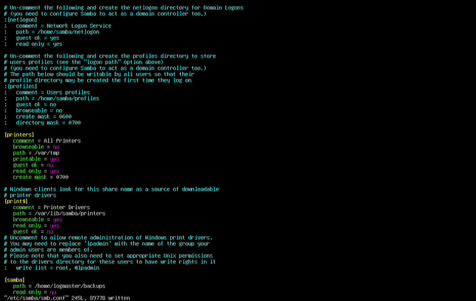 Samba configuration file with backup share definition for Logmanager archives