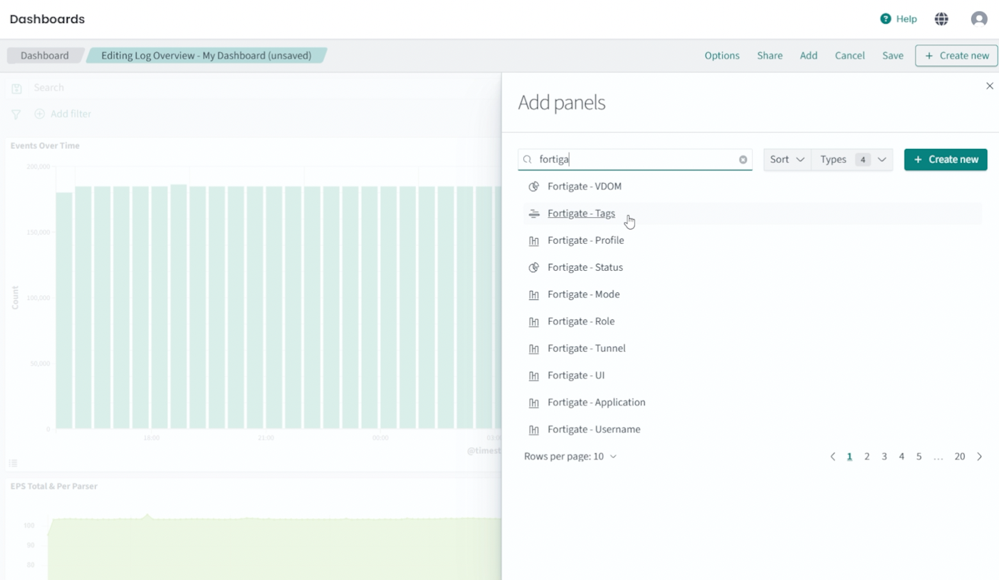 Logmanager custom panel creation screen showing pie chart or similar visualization setup