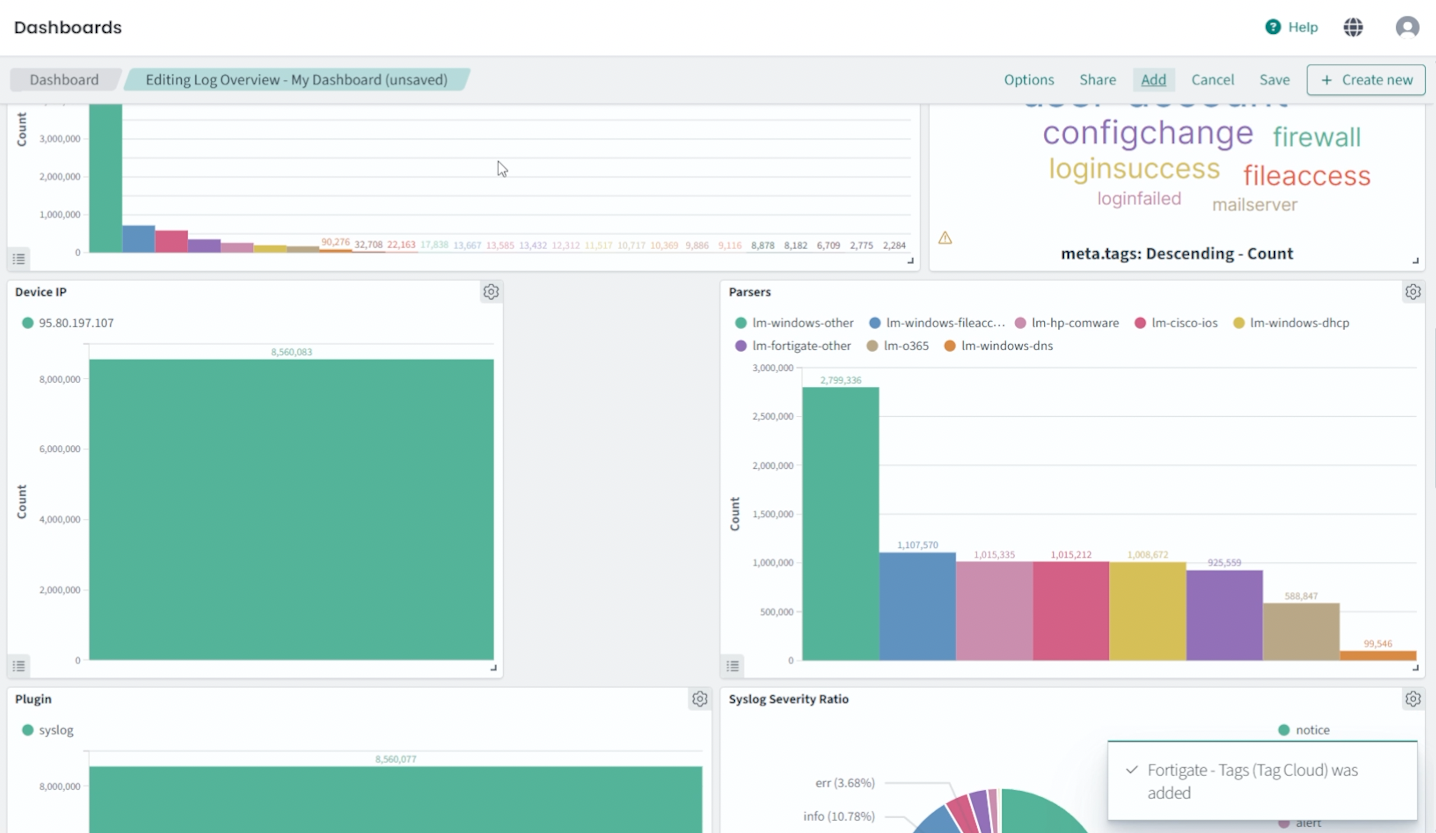 Completed custom dashboard in Logmanager with option to set it as the default view