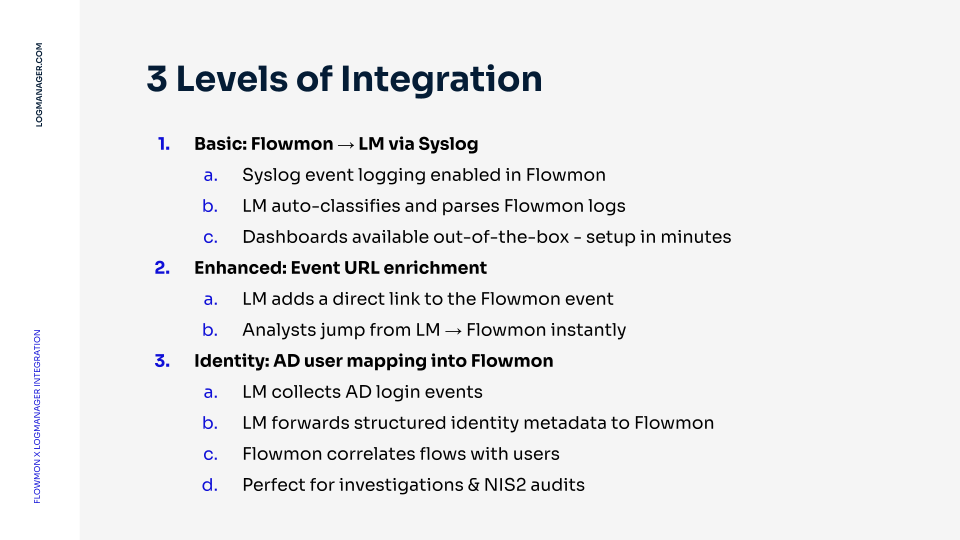 Flowmon integration with Logmanager three levels and their benefits