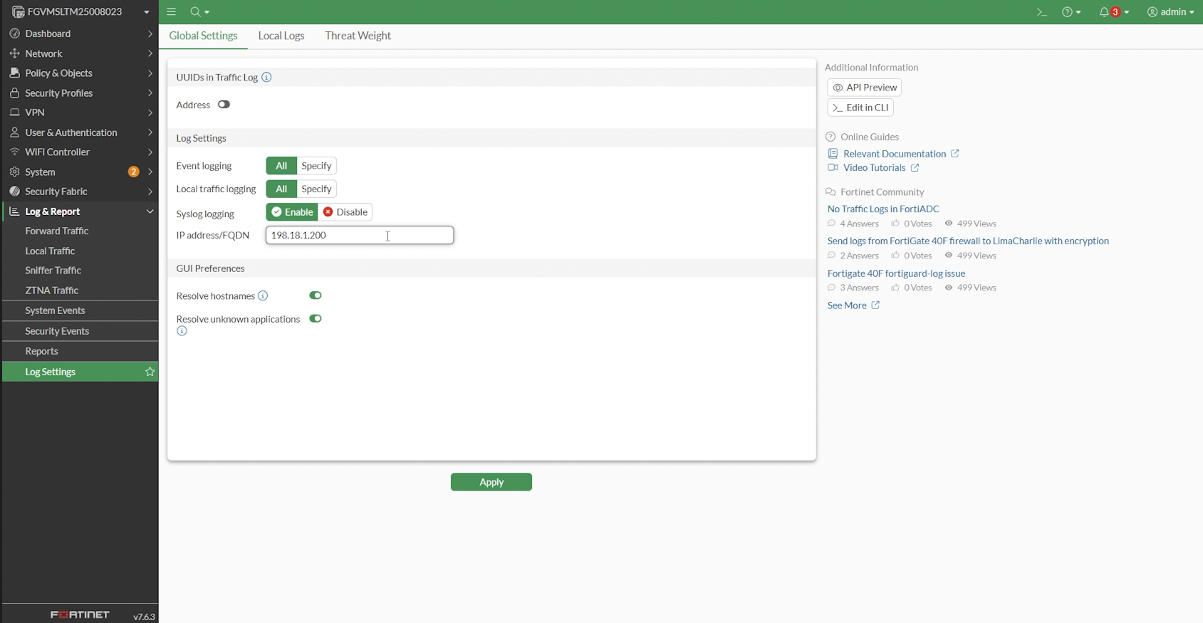 FortiGate log settings page configured to send logs to the Logmanager destination IP