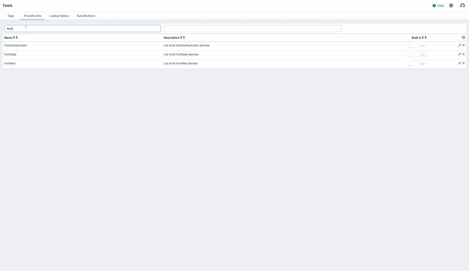 IP Prefix List in Logmanager showing the predefined FortiGate template and device IP configuration
