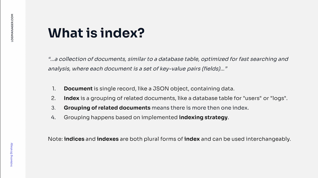Explanatory slide defining what an index is in Logmanager