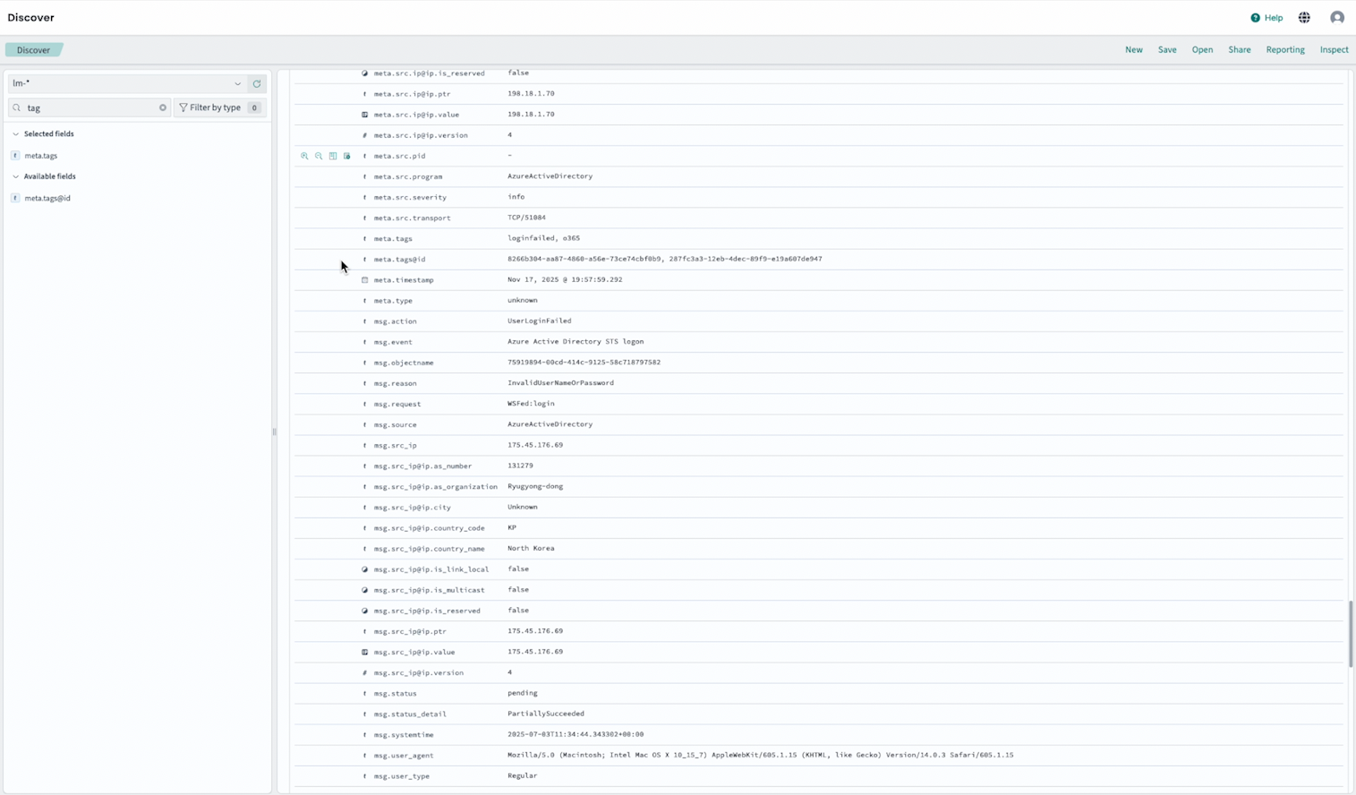 Suspicious IP event stream in Logmanager showing failed login attempts and other related activity