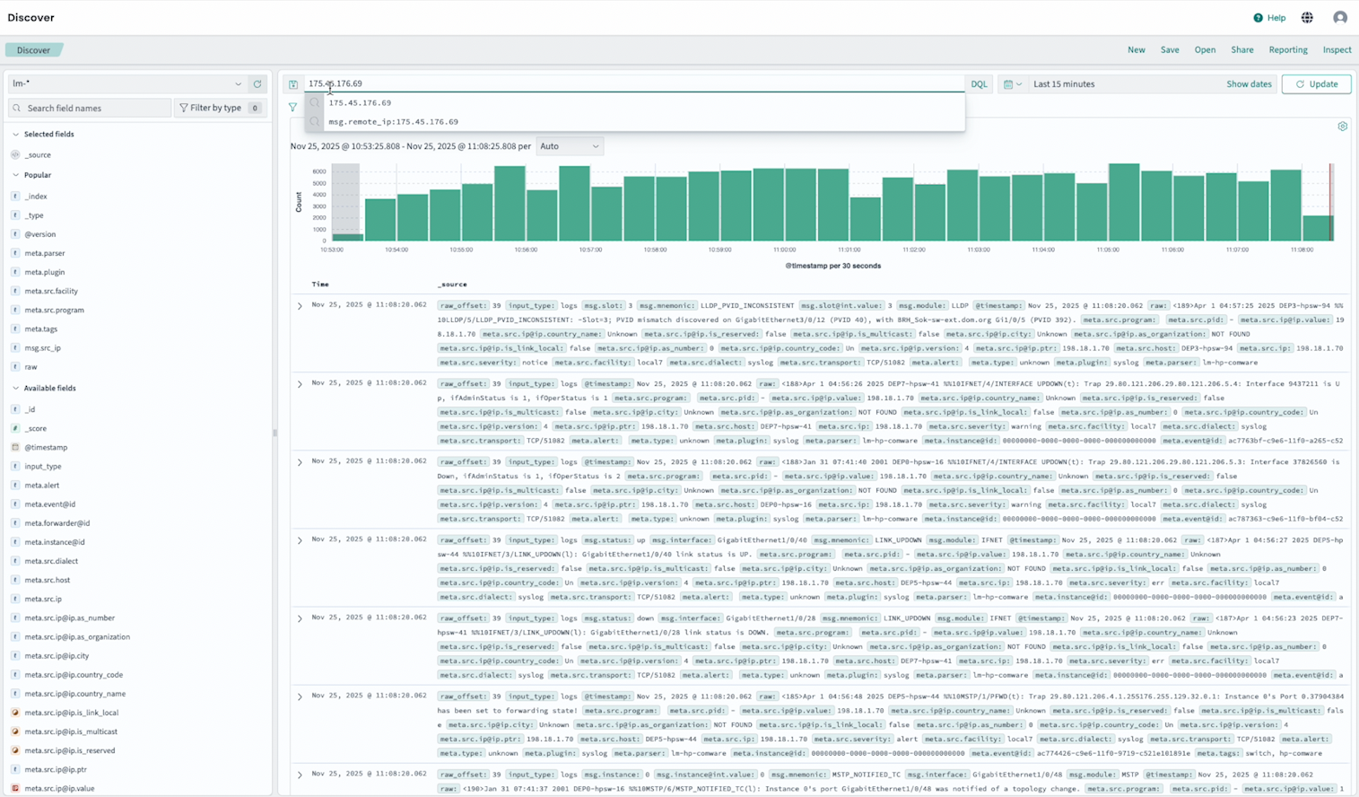 Discover search screen in Logmanager used to investigate a suspicious IP address