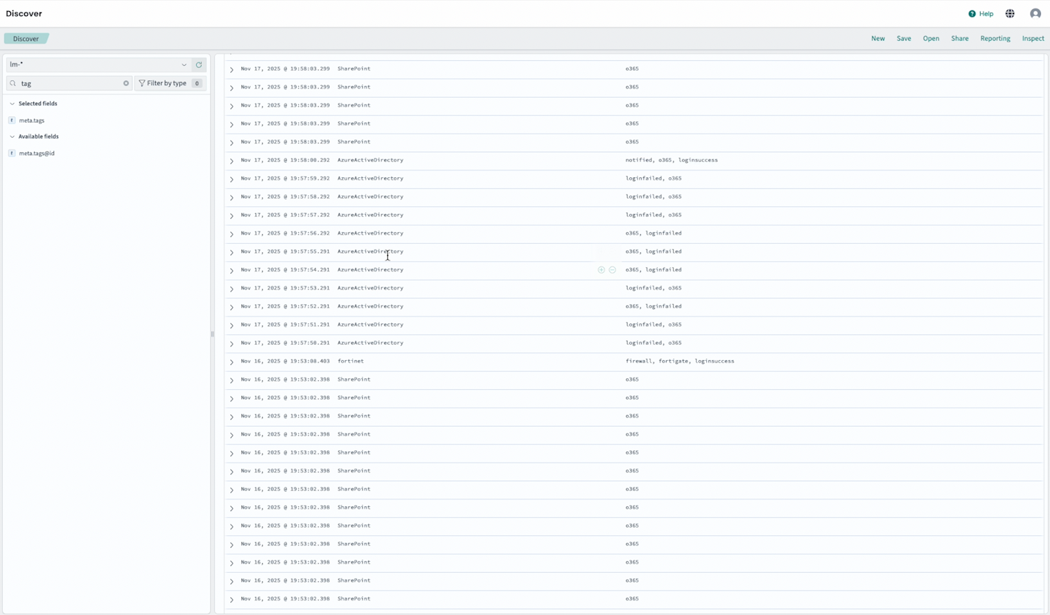 Discover results in Logmanager with added username event type and device columns for suspicious IP analysis