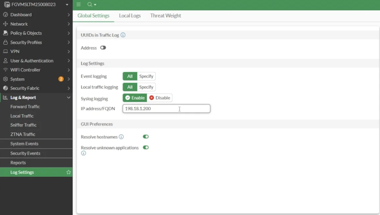 Fortinet FortiGate configuration to send logs into Logmanager