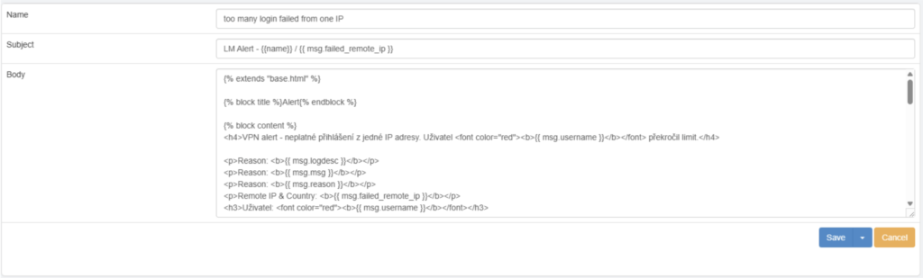 email template alert setup in Logmanager