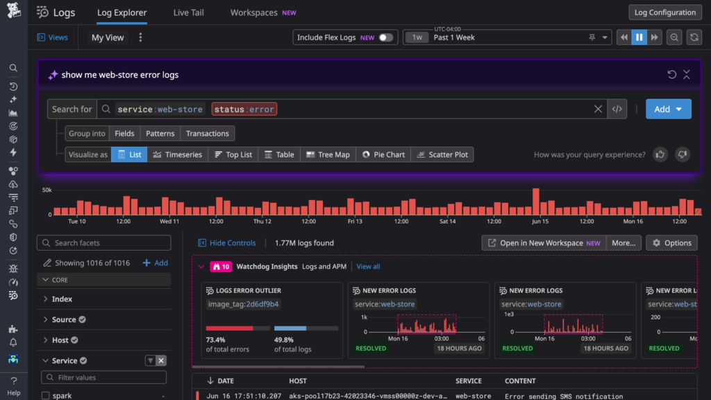datadog log management UI