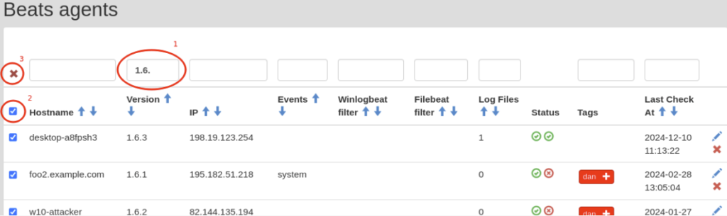Screenshot: Beats agents list with filter applied before bulk delete