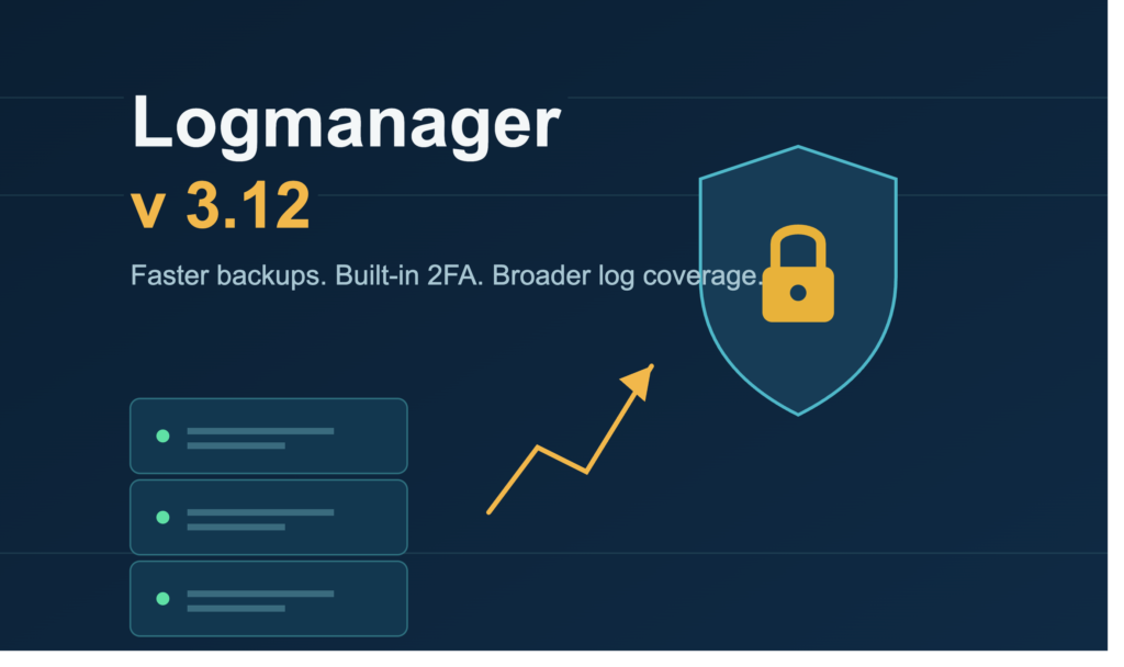 Logmanager v3.12 release illustration with server icons and a security shield