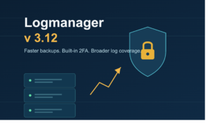 Logmanager v3.12 release illustration with server icons and a security shield